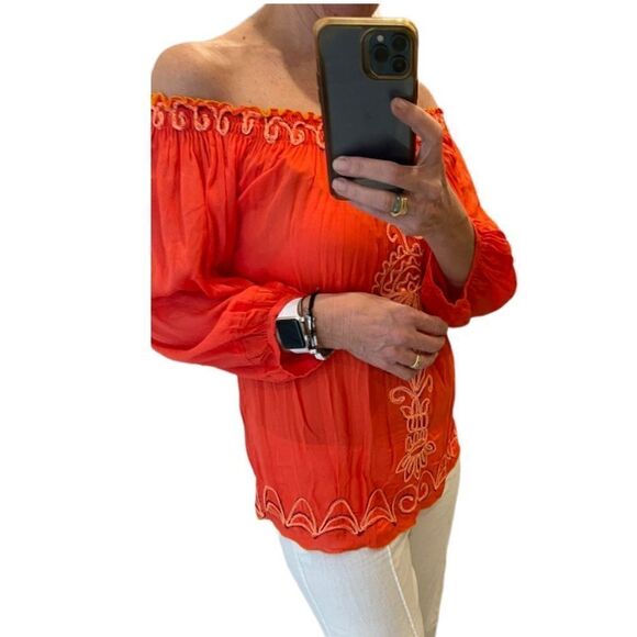 Poupette St Barth Embroiderer Off the Shoulder Coral Top.Size M - Picture 2 of 14